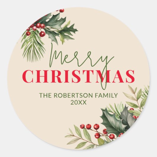 Sticker Rond Sceau de Noël Houx et Pin sur fond beige (Devant)