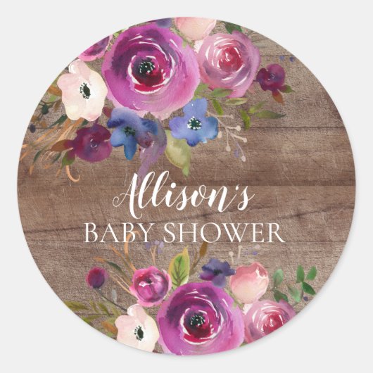 Sticker Rond Sceau d'enveloppe de Baby shower floral bleu prune (Devant)