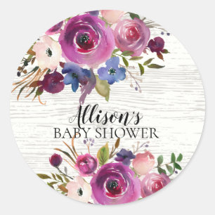 Sticker Rond Sceau d'enveloppe de Baby shower floral bleu prune