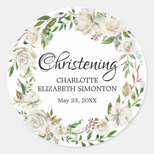 Sticker Rond Sceau d'enveloppe de Christening Floral Blanc (Devant)