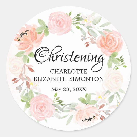 Sticker Rond Sceau d'enveloppe de Christening Floral rose (Devant)