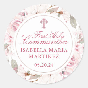 Sticker Rond Sceau d'enveloppe de la première communion rose ro
