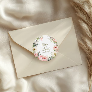 Sticker Rond Sceau d'enveloppe de mariage Blush & Peach Peony