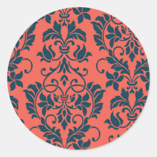 Sticker Rond Sceau d'enveloppe de Mariage damassé Navy et Coral