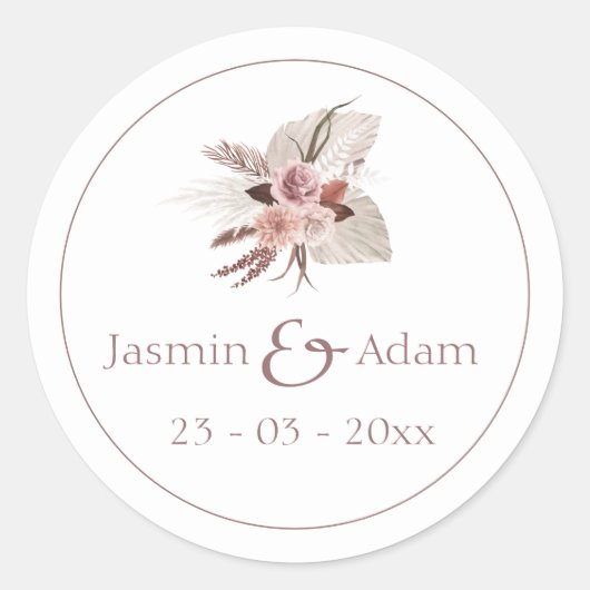 Sticker Rond Sceau d'enveloppe de Mariage Dusty Rose Pampas Boh (Devant)