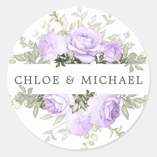 Sticker Rond Sceau d'enveloppe de Mariage Floral blanc violet (Devant)