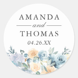Sticker Rond Sceau d'enveloppe de mariage floral bleu vanille p