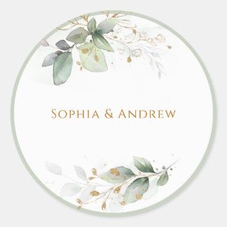 Sticker Rond Sceau d'enveloppe de mariage vert Eucalyptus Or