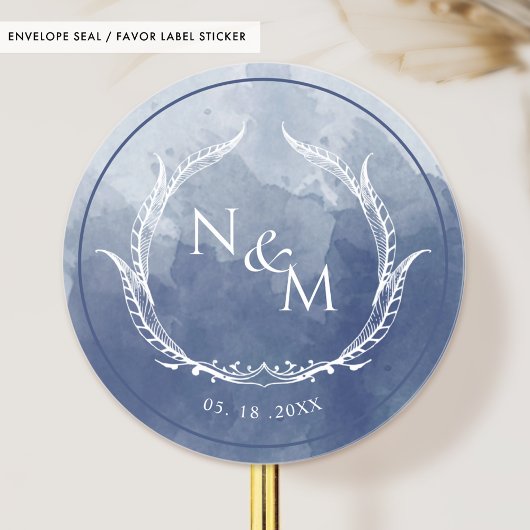 Sticker Rond Sceau d'enveloppe de monogramme bleu marine/Favori