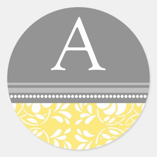 Sticker Rond Sceau d'enveloppe de monogramme citron gris Damas (Devant)
