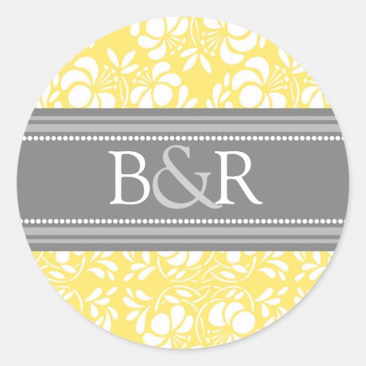 Sticker Rond Sceau d'enveloppe de monogramme citron gris Damas (Devant)