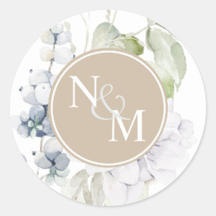 Sticker Rond Sceau d'enveloppe de monogramme floral blanc et be