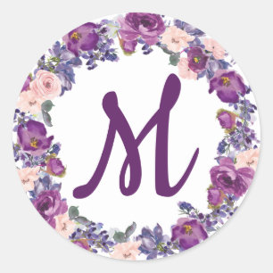 Sticker Rond Sceau d'enveloppe de monogramme prune violet et ro