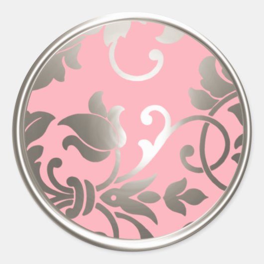 Sticker Rond Sceau d'enveloppe en argent et en damas rose (Devant)