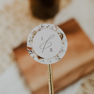 Sticker Rond Sceau d'enveloppe Fleur sauvage beige monogramme d