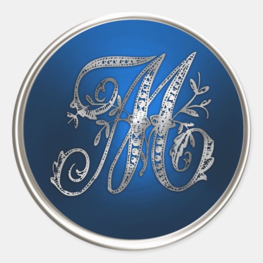 Sticker Rond Sceau d'enveloppe M argent et bleu monogramme (Devant)
