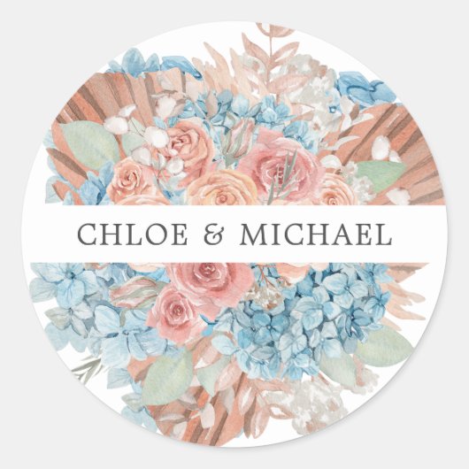 Sticker Rond Sceau d'enveloppe Mariage Dusty Rose Blue Hydrange (Devant)