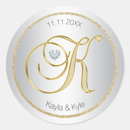 Sticker Rond Sceau d'enveloppe Mariage pour monogramme d'or d'a (Devant)