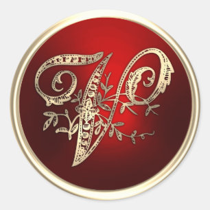 Sticker Rond Sceau d'enveloppe Monogramme V or et rouge