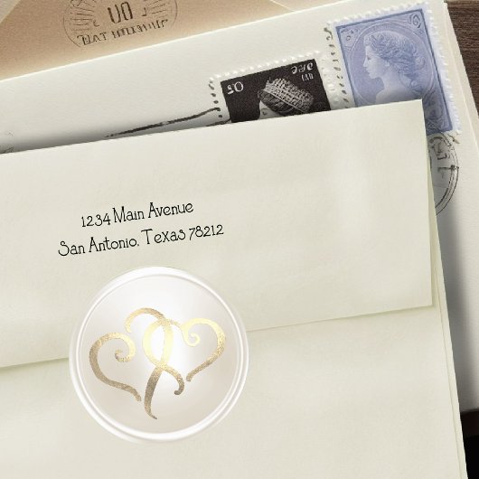 Sticker Rond Sceau d'enveloppe Pearl Two Gold Hearts