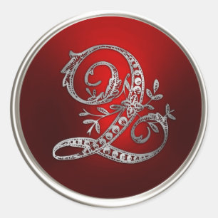 Sticker Rond Sceau d'enveloppe Q argent et rouge monogramme