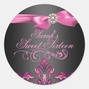 Sticker Rond Sceau d'enveloppe Rose/Noir Damassé & Ruban pour S