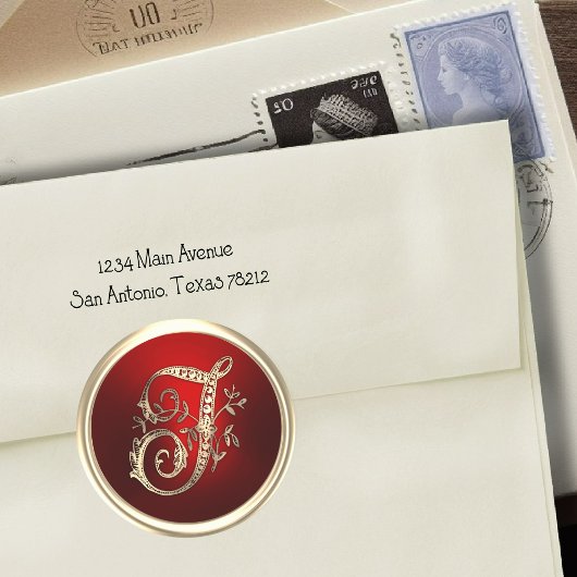 Sticker Rond Sceau d'enveloppe T Monogramme or et rouge
