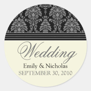 Sticker Rond Sceau d'invitation Mariage damassé de charme (noir