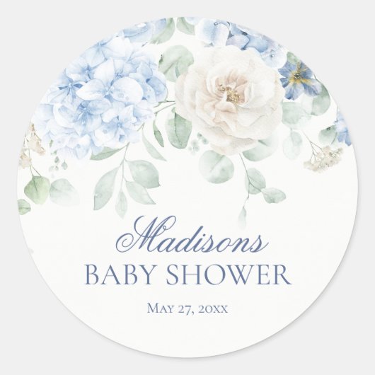 Sticker Rond Sceau d'invitation pour Baby Shower Fleur bleue bé (Devant)