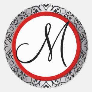 Sticker Rond Sceau Mariage à découpe rouge noir et argent Damas
