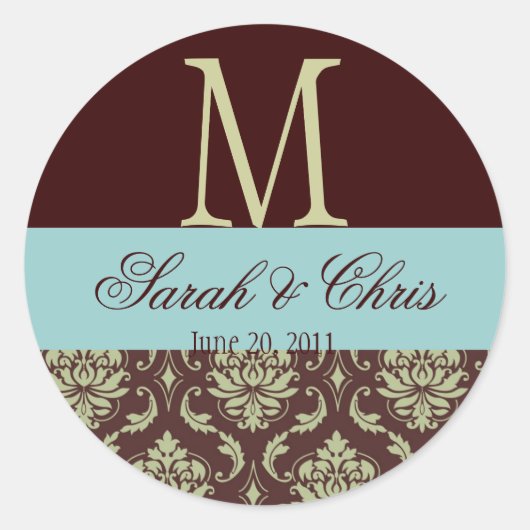 Sticker Rond Sceau Mariage bleu Brown Monogramme Damask (Devant)