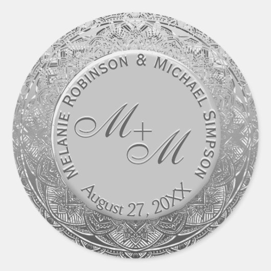 Sticker Rond Sceau Mariage d'argent Monogram personnalisable (Devant)
