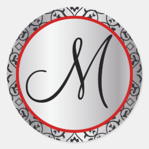 Sticker Rond Sceau Mariage de découpe Damask noir et argent
