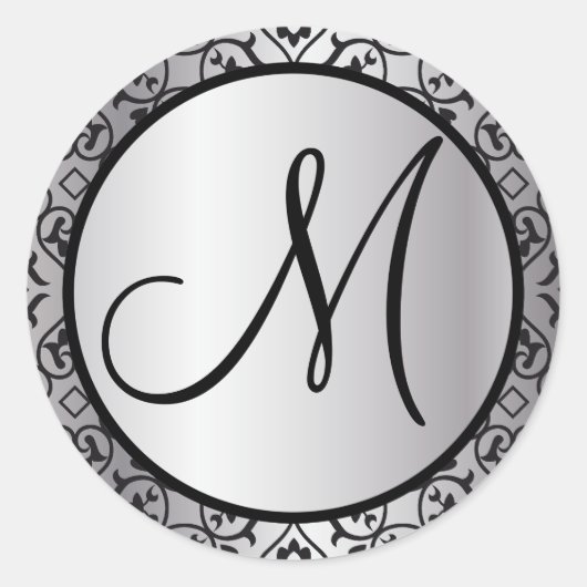 Sticker Rond Sceau Mariage de découpe Damask noir et argent (Devant)