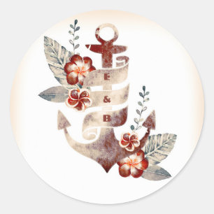 Sticker Rond Sceau Mariage de plage florale de Nautical