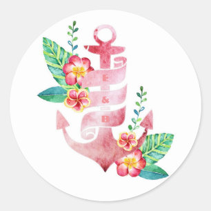 Sticker Rond Sceau Mariage de plage florale de Nautical