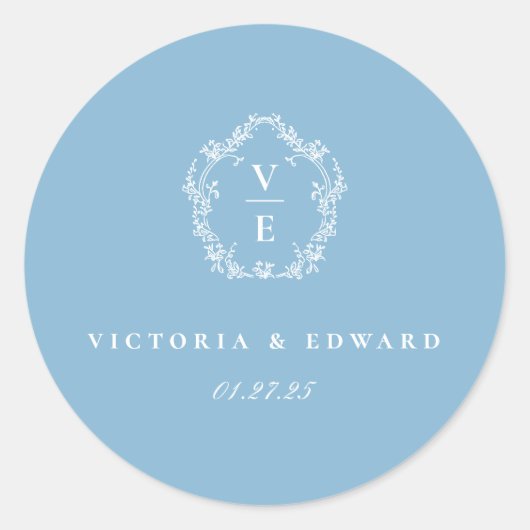 Sticker Rond Sceau Mariage d'enveloppe de monogramme bleu ciel (Devant)