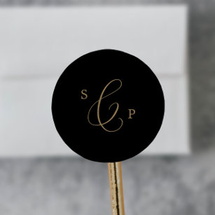 Sticker Rond Sceau Mariage d'enveloppe de Monogramme noir en or