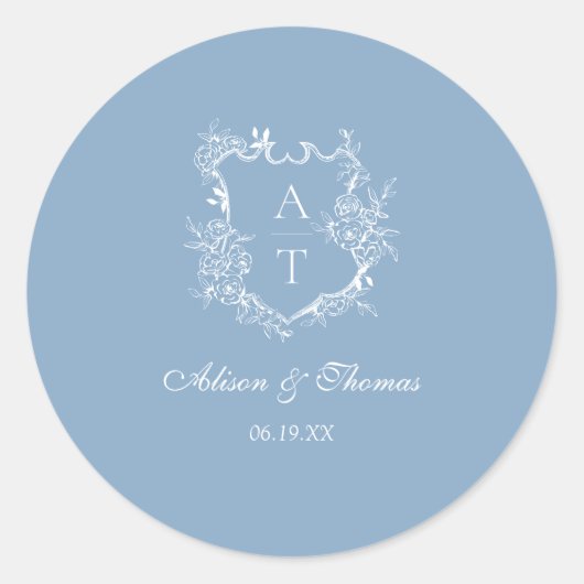 Sticker Rond Sceau Mariage d'enveloppe en monogramme bleu pouss (Devant)