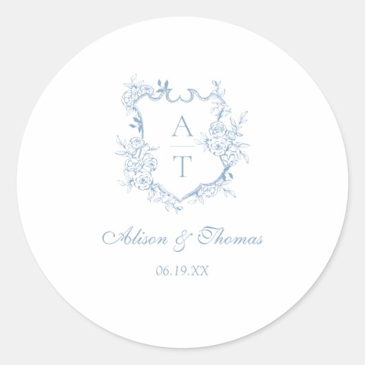 Sticker Rond Sceau Mariage d'enveloppe en monogramme bleu pouss (Devant)