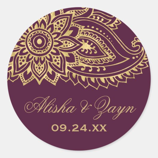 Sticker Rond Sceau Mariage d'enveloppe Gold Indian Paisley (Devant)