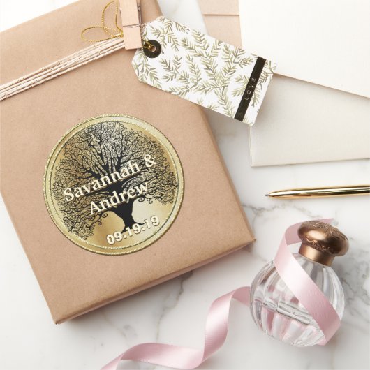Sticker Rond Sceau Mariage d'or Elegant Swirl Black Tree (Cadeaux)