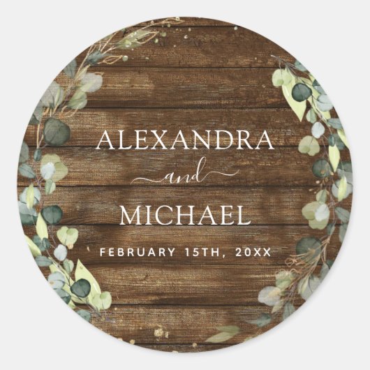 Sticker Rond Sceau mariage Eucalyptus Bois rustique Verdure (Devant)
