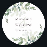 Sticker Rond Sceau mariage Eucalyptus Vert<br><div class="desc">Amusez-vous dans une ambiance romantique pour votre mariage avec ce design moderne avec des feuilles d'eucalyptus aquarelle.</div>