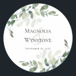 Sticker Rond Sceau mariage Eucalyptus Vert<br><div class="desc">Amusez-vous dans une ambiance romantique pour votre mariage avec ce design moderne avec des feuilles d'eucalyptus aquarelle.</div>
