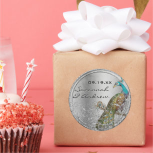 Sticker Rond Sceau Mariage gris argenté Peacock Lovebird