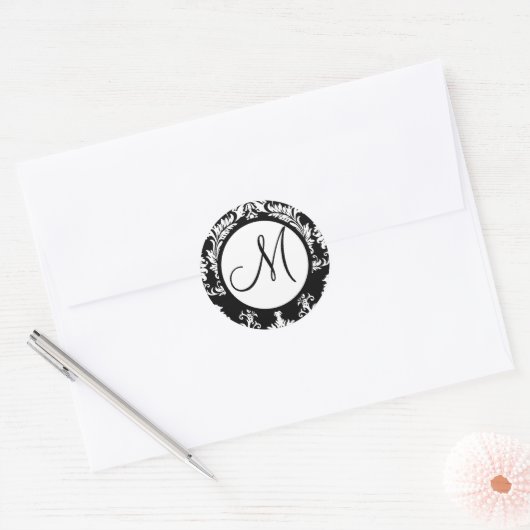 Sticker Rond Sceau Mariage noir Damask Monogram (Enveloppe)