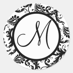 Sticker Rond Sceau Mariage noir Damask Monogram