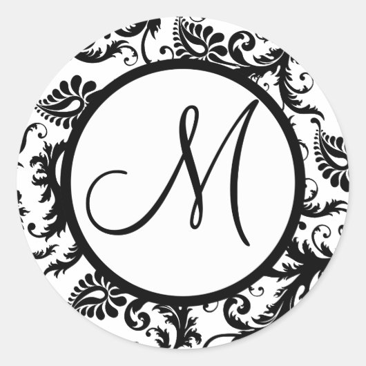 Sticker Rond Sceau Mariage noir Damask Monogram (Devant)