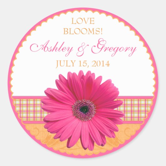 Sticker Rond Sceau Mariage rose Gerber Daisy Orange Plaid (Devant)